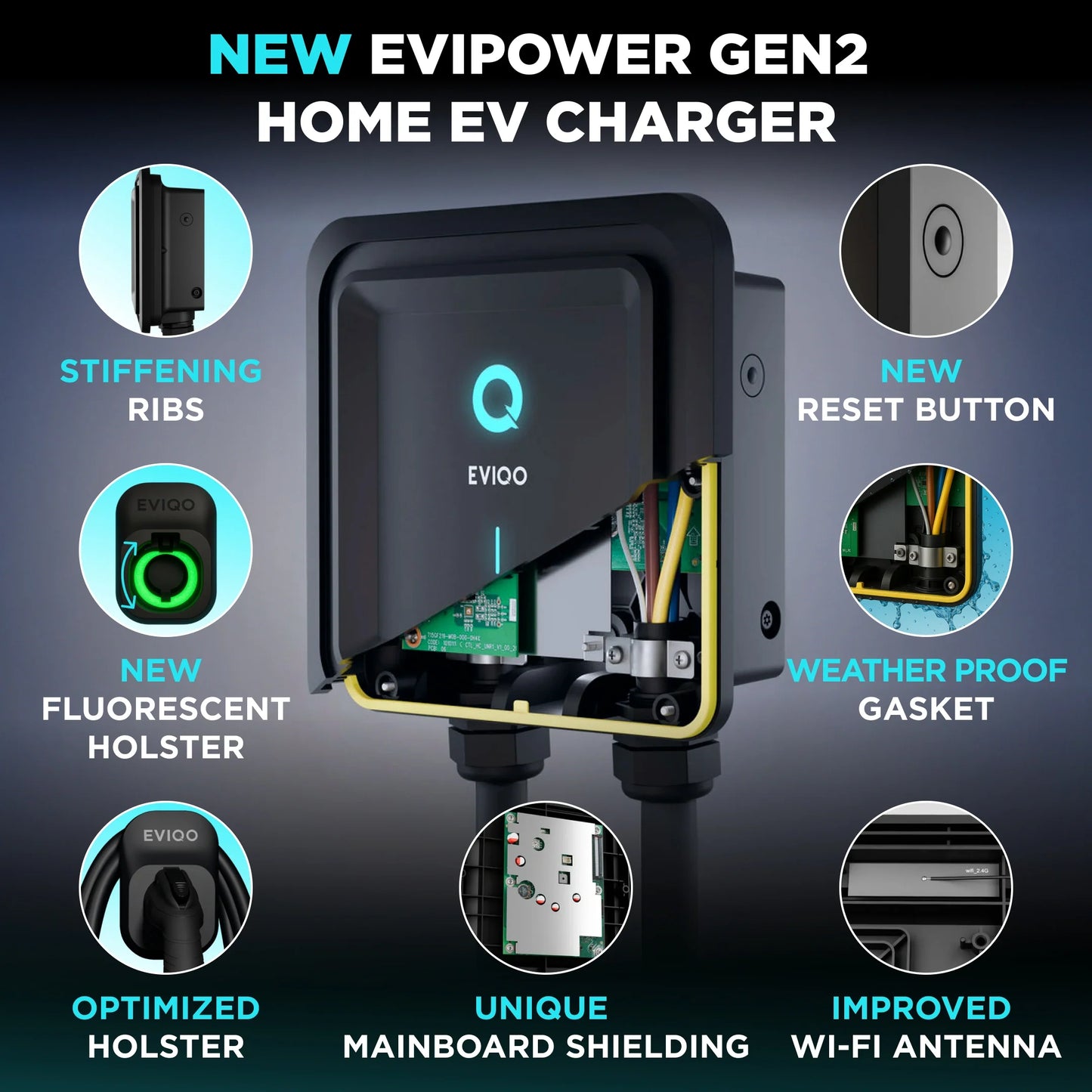 EVIQO Level 2 EV Charger, 48A (50A Max), 240V, Hardwired, J1772 for Non-Tesla EVs