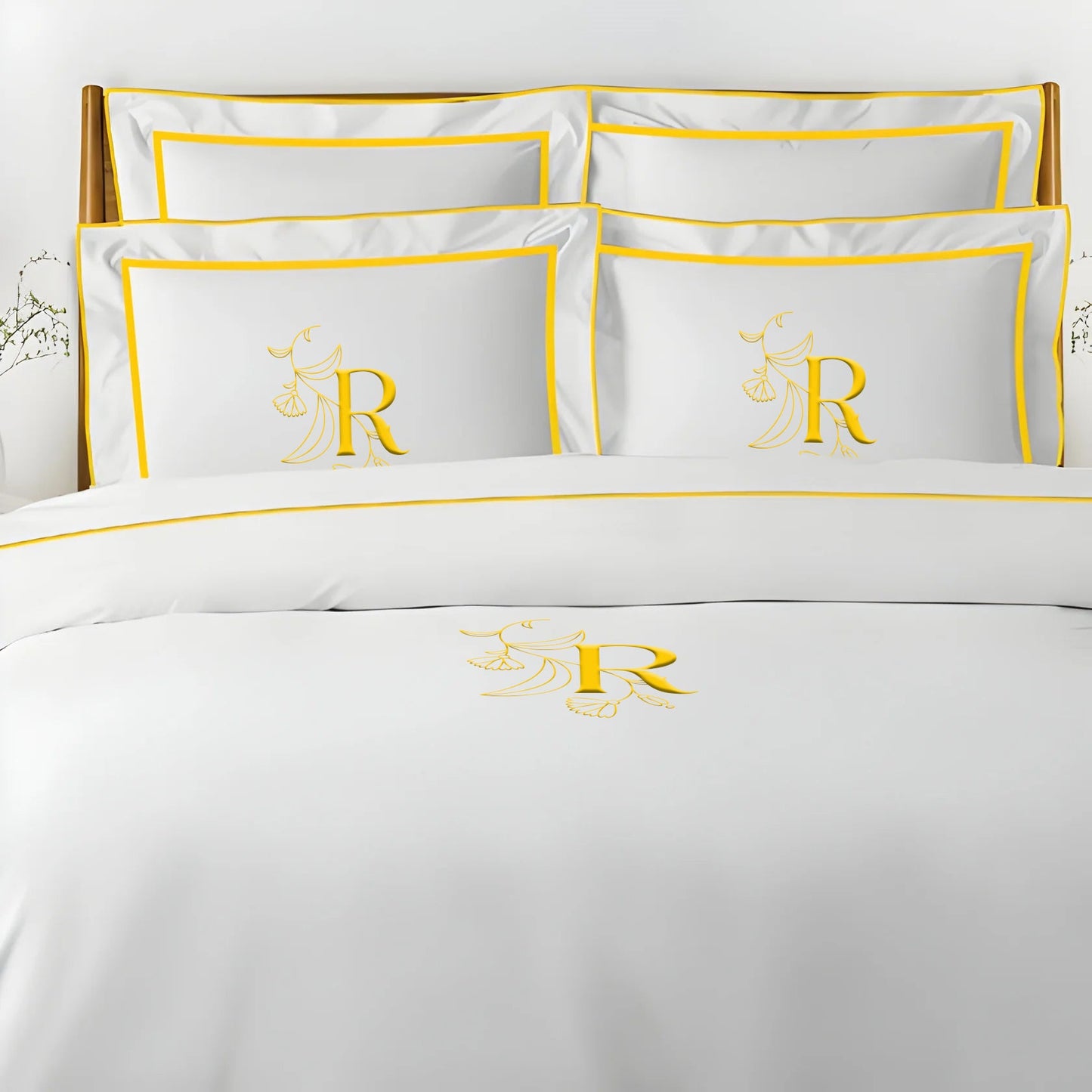 Monogram Embroidery & Border Cotton Sateen Solid Duvet Cover Set