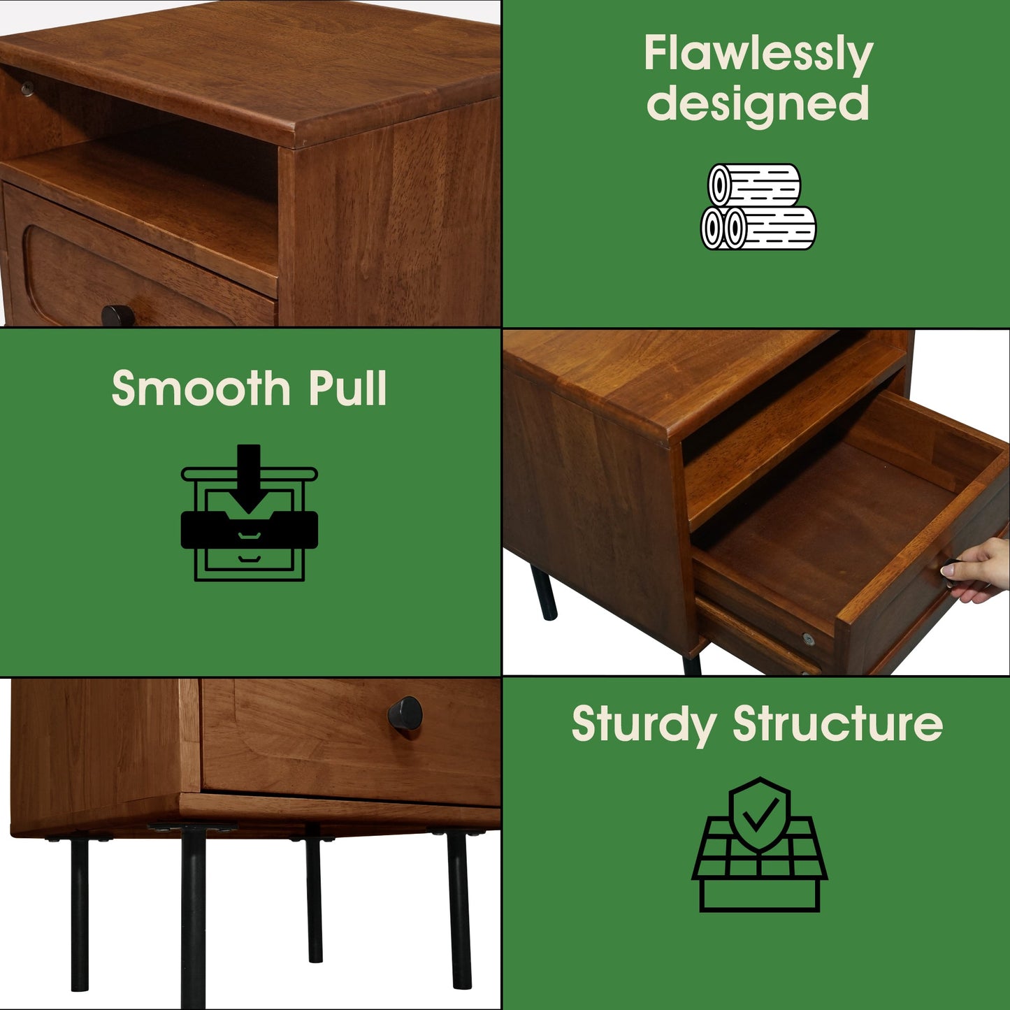 Acacia Savana Mid-Century Modern Single Drawer Solid Wood Nightstand