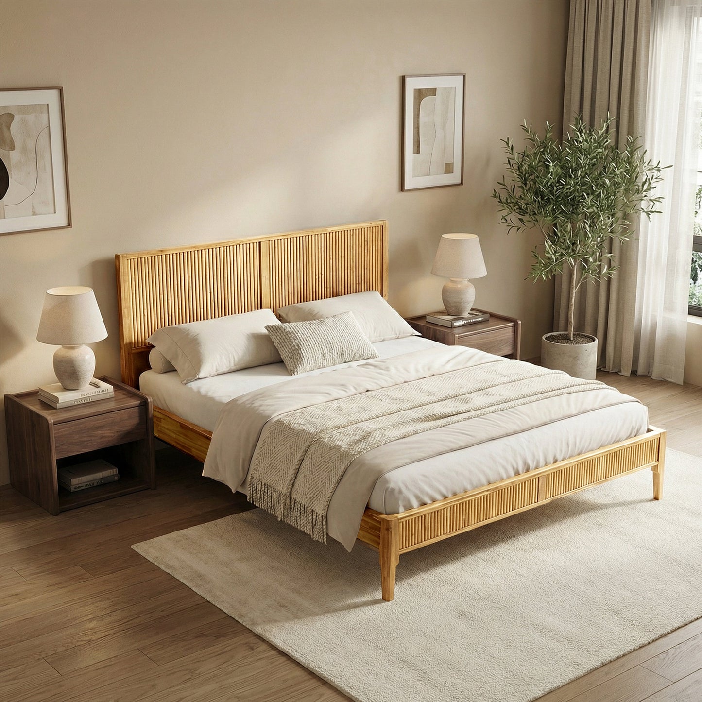Megsu Bosk Acacia Wood Bed Frame with Headboard