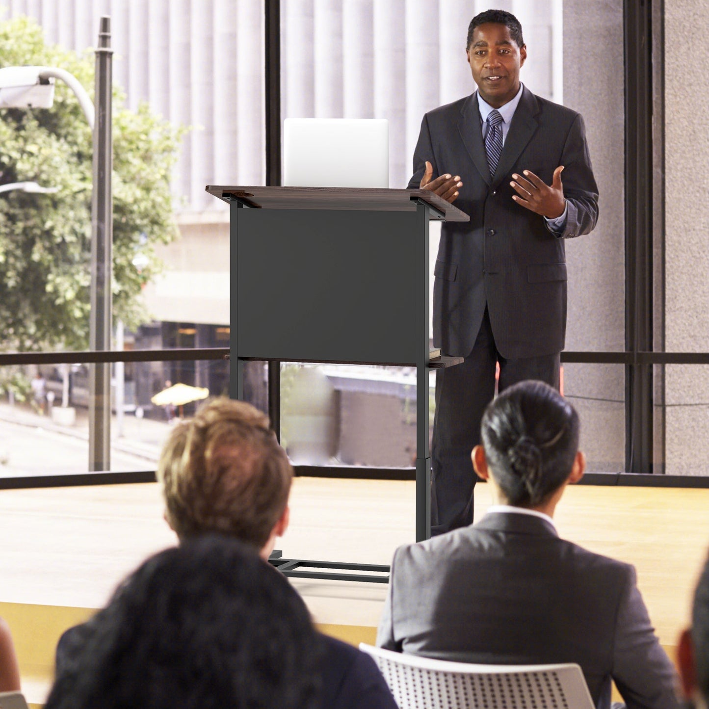 40.5-49 Inch Height Adjustable Rolling Podium Stand Lectern Table-Black