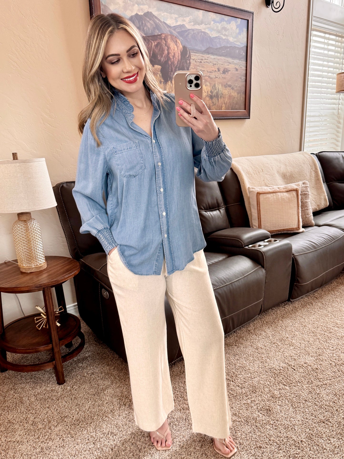 Smocked Sleeve Denim Button Down Top