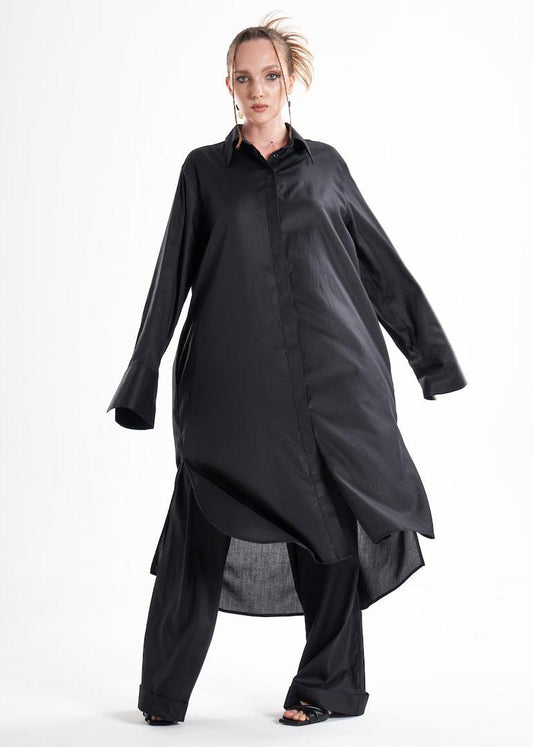 Lightweight And Breathable Deep Black Set With Maxi Button Down And Palazzo Pants