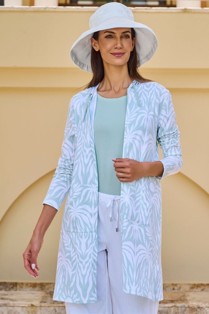 Cabana | Women's Long Zip-Up Hoodie | Misty Aqua American Palm