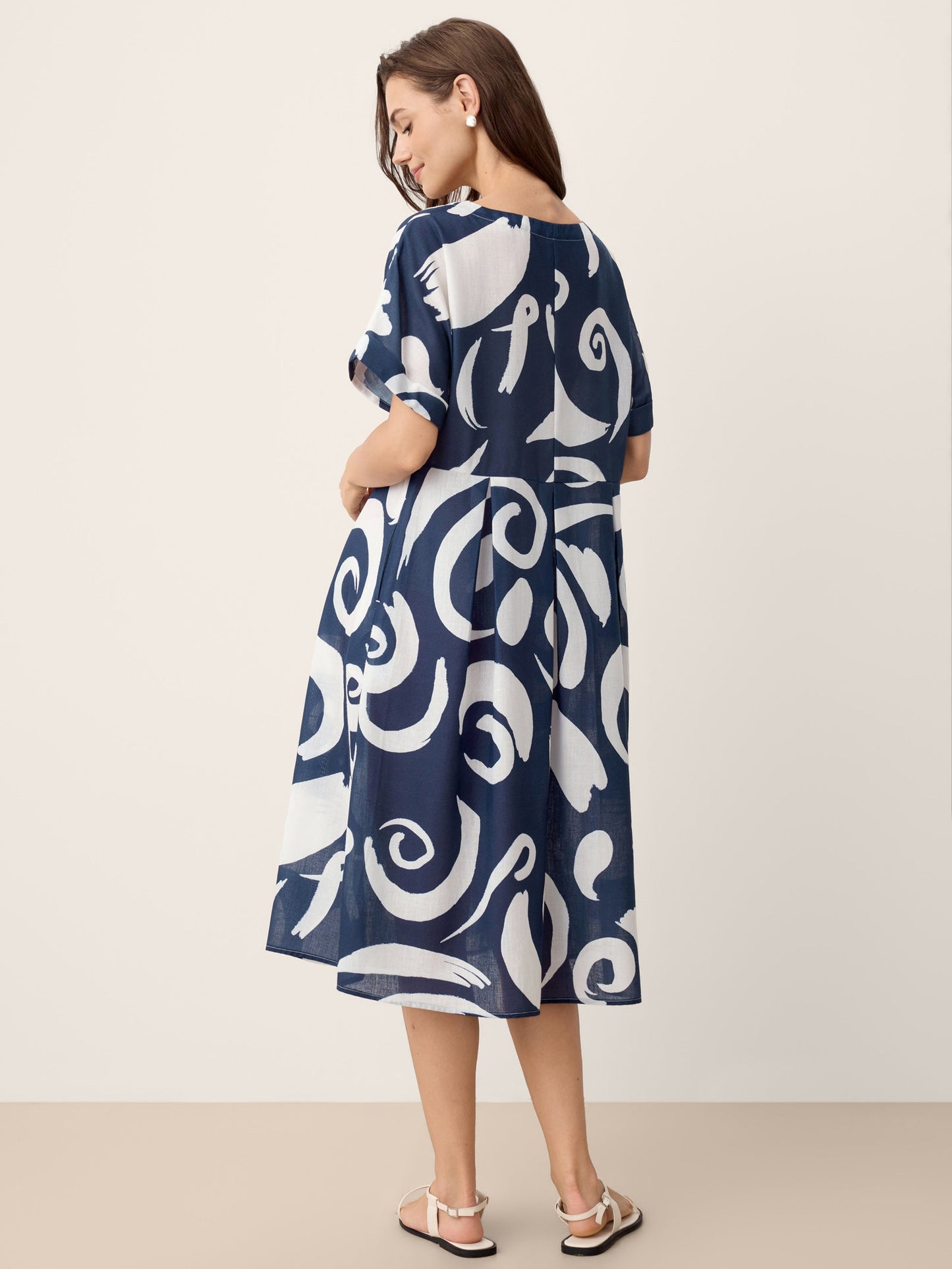 Linen Abstract-Print Pleated-Waist Midi Dress PRIYA