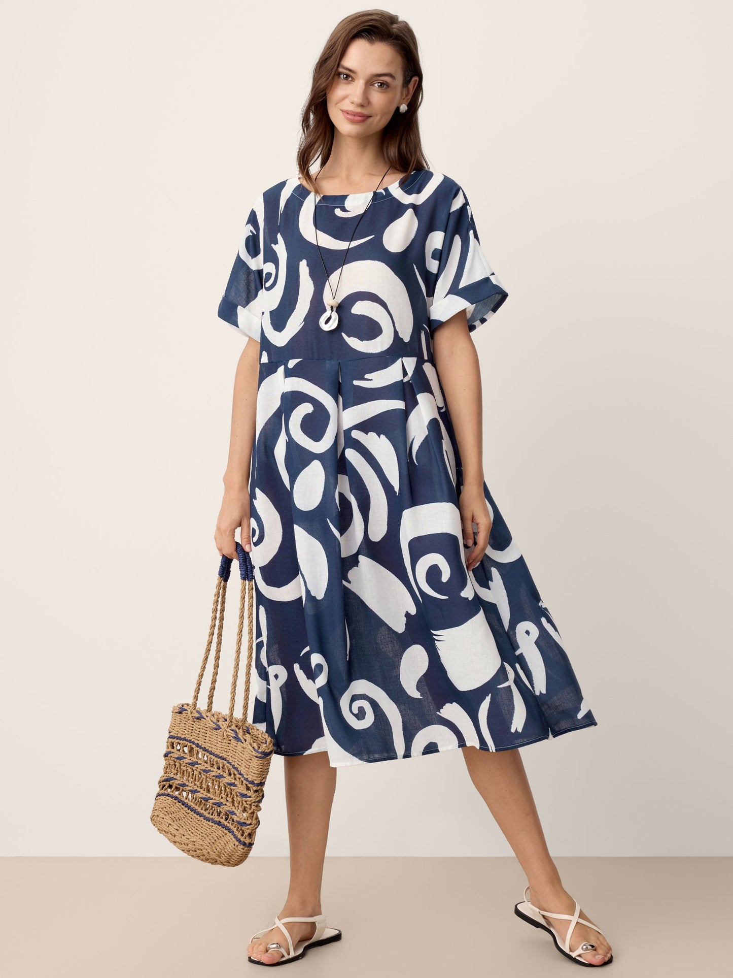 Linen Abstract-Print Pleated-Waist Midi Dress PRIYA