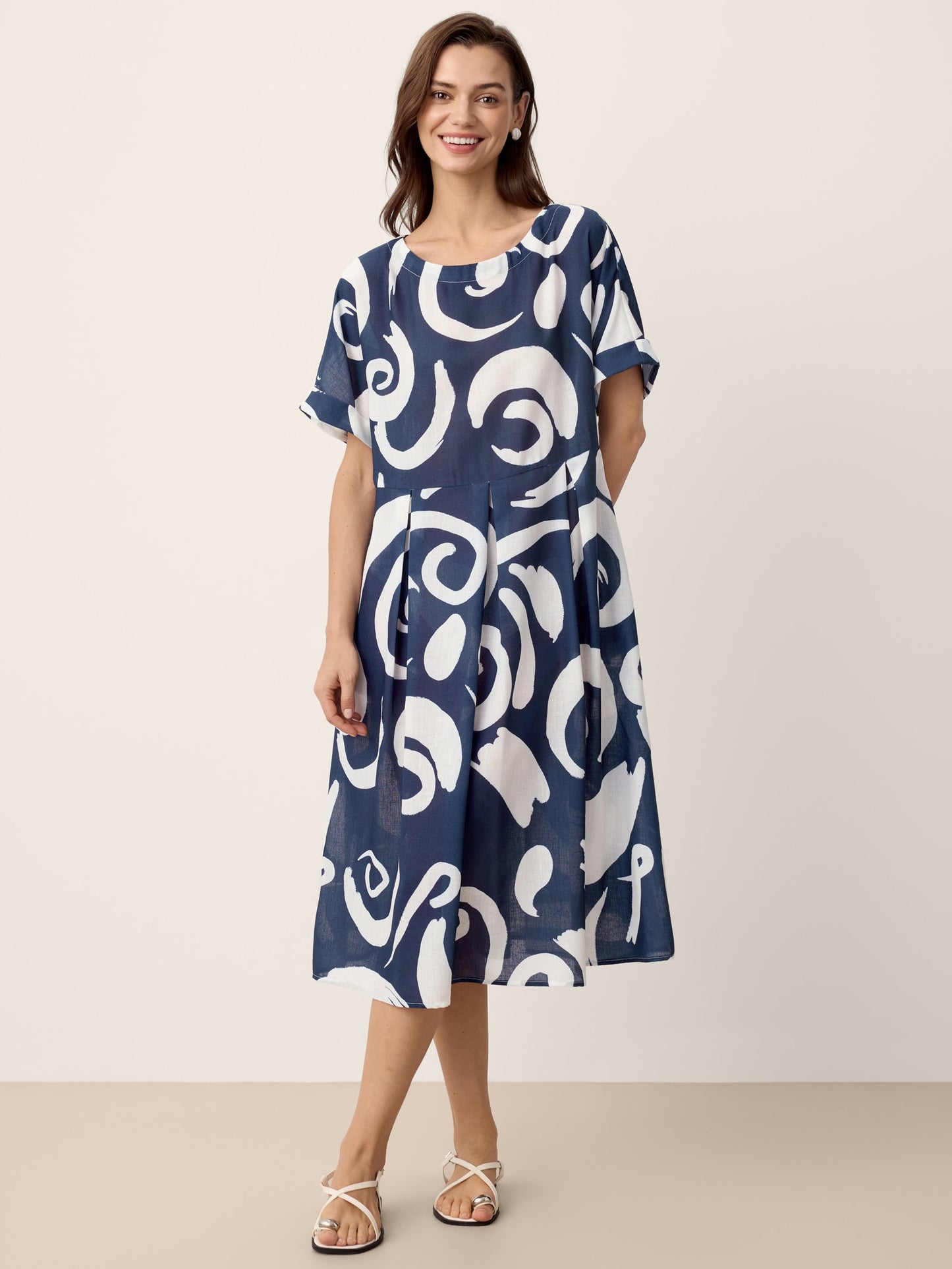 Linen Abstract-Print Pleated-Waist Midi Dress PRIYA