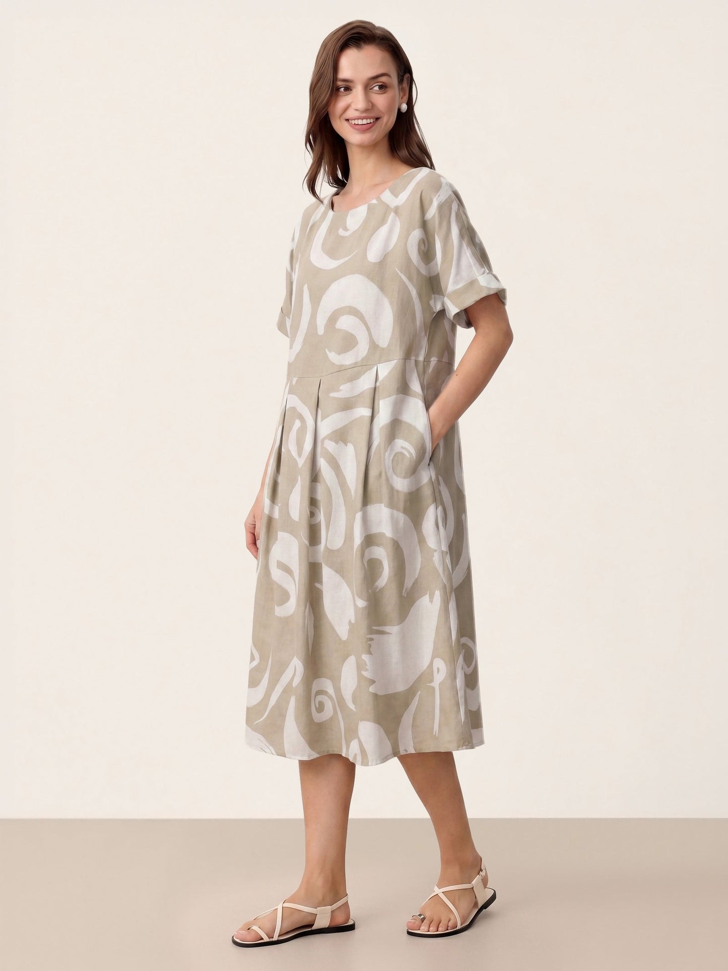 Linen Abstract-Print Pleated-Waist Midi Dress PRIYA