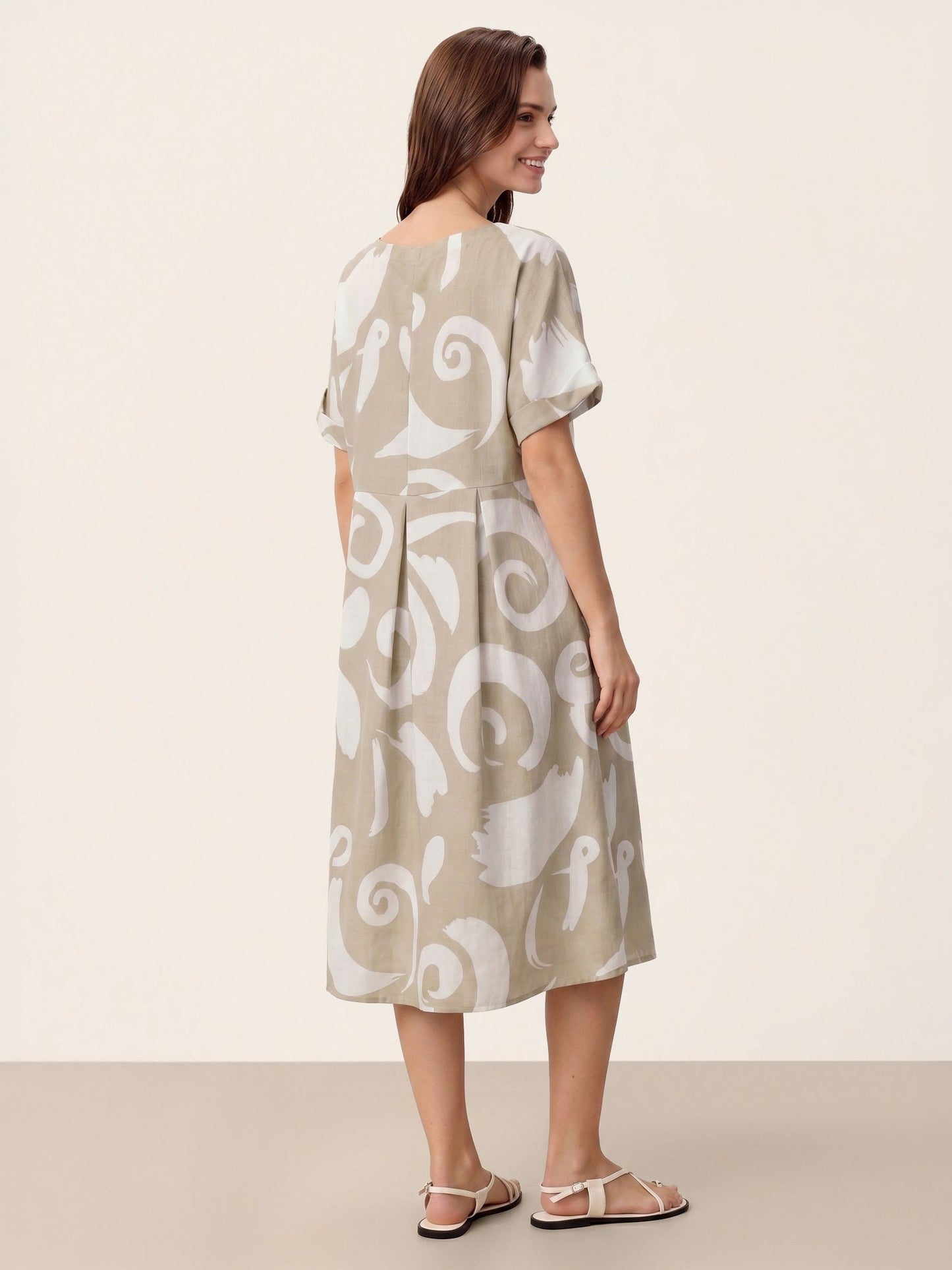 Linen Abstract-Print Pleated-Waist Midi Dress PRIYA