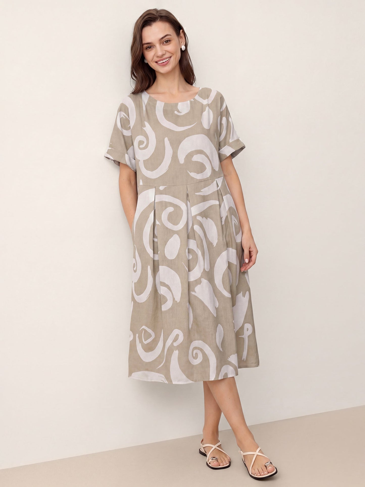 Linen Abstract-Print Pleated-Waist Midi Dress PRIYA