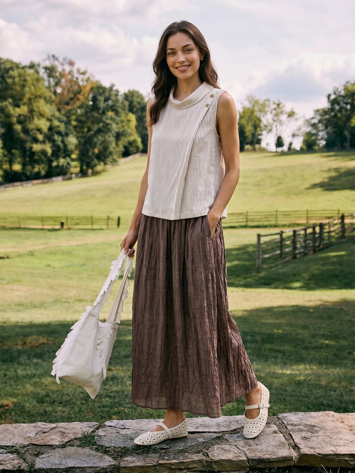 Lyocell Textured Pleated Waist Skirt ROSAMUND