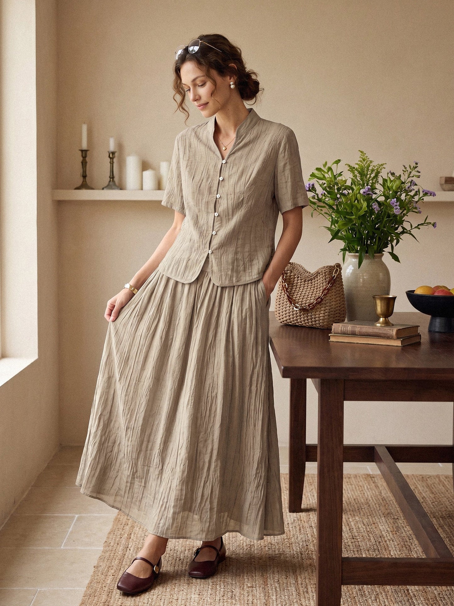 Lyocell Textured Pleated Waist Skirt ROSAMUND