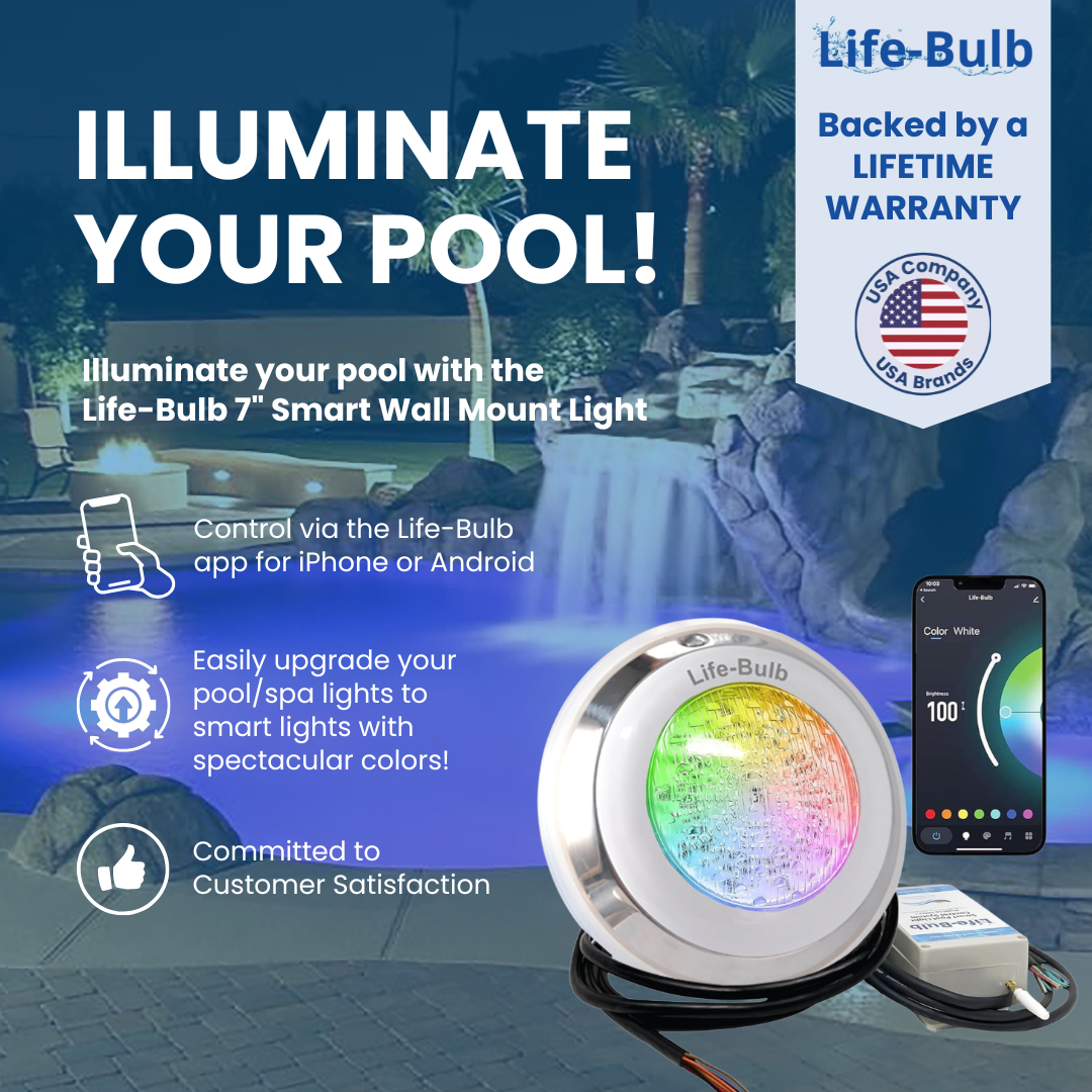 Life-Bulb Smart Wall-Mount Color LED Inground 7" Pool/Spa Light System (75ft Cord) | 110V/120V | Lifetime Replacement Program