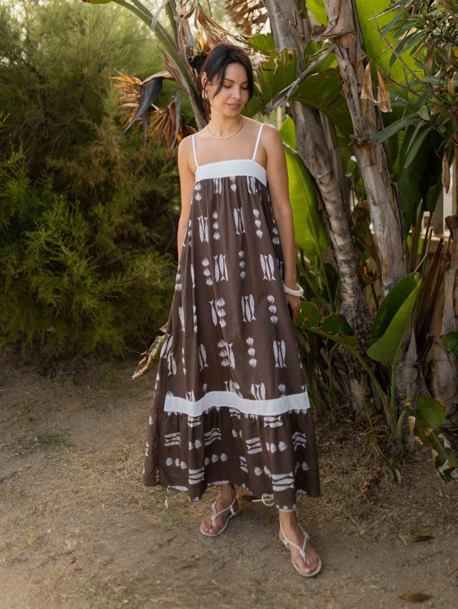 Dress Color Matching Print Holiday Large Swing Strap Dress for Women