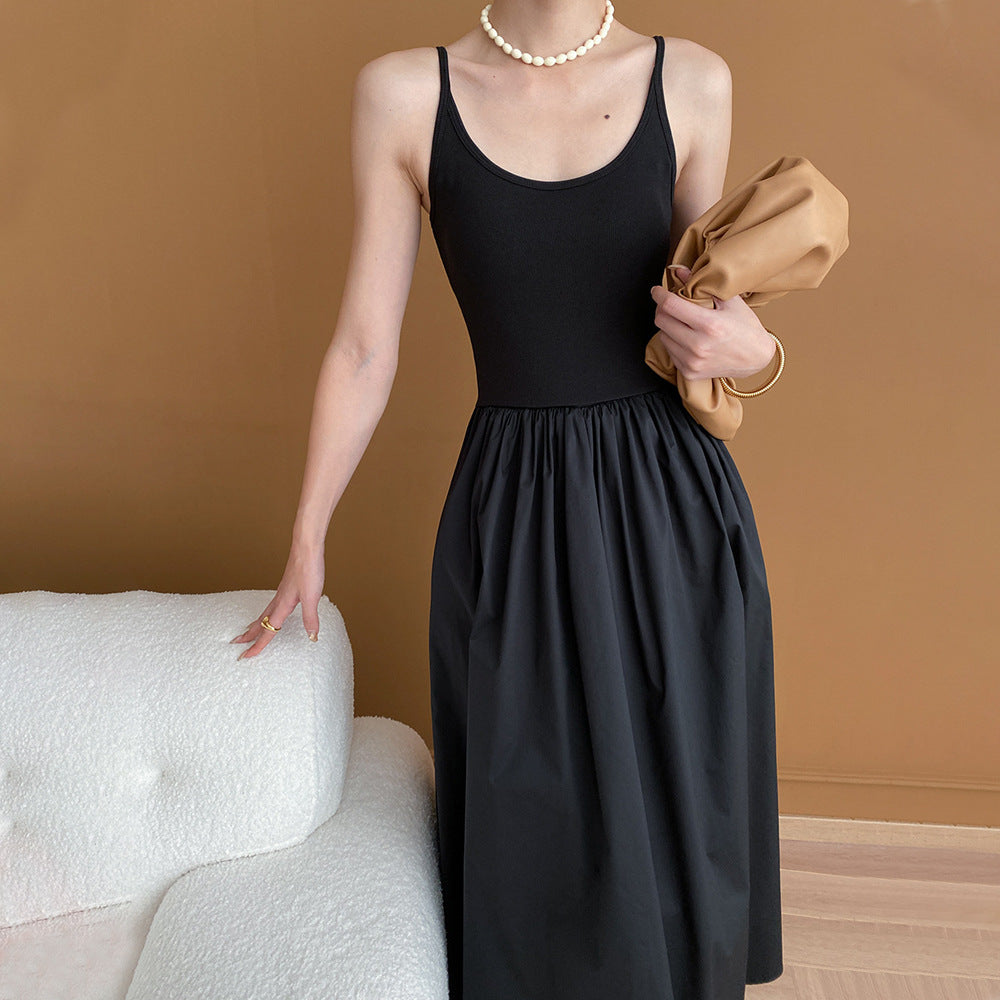 French Black High Grade Camisole Dress Summer High Waist Inner Wear A Line Dress Women