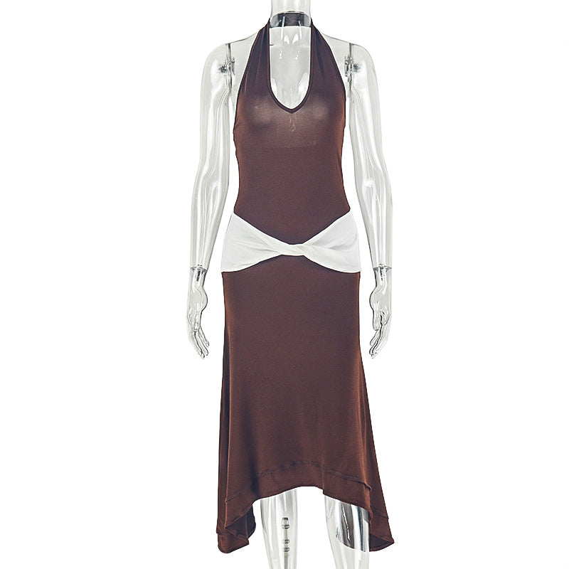 Color Matching Women Pleated Simple Design V neck Halter Waist Tight Maxi Dress