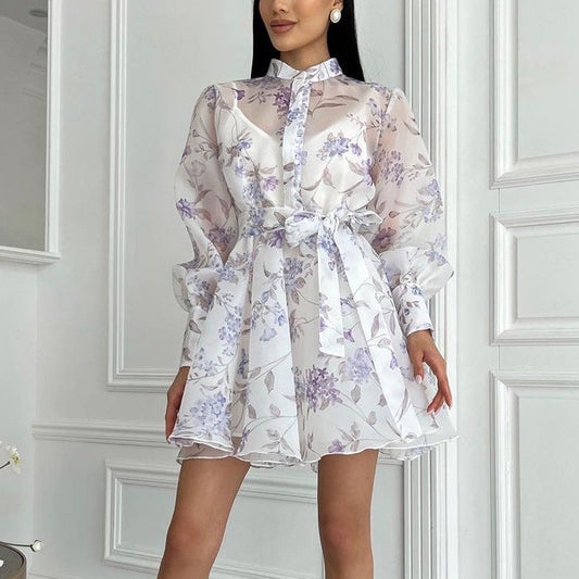 Women Elegant Stand Collar Long Sleeve Lace Printing A line Cami Dress
