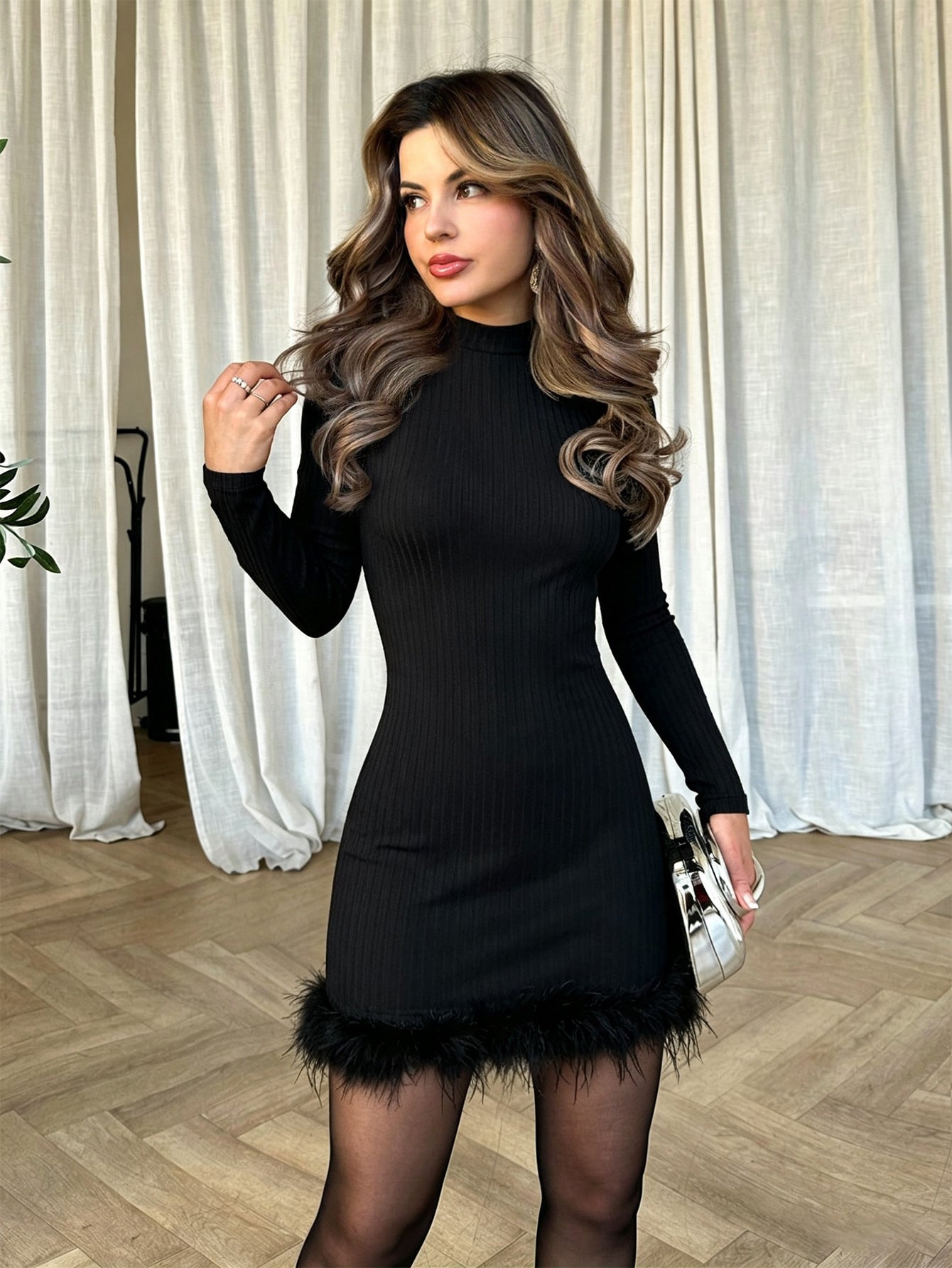 Half High Collar Long Sleeves Women Fall Winter Slim Slimming Feather Hip Dress