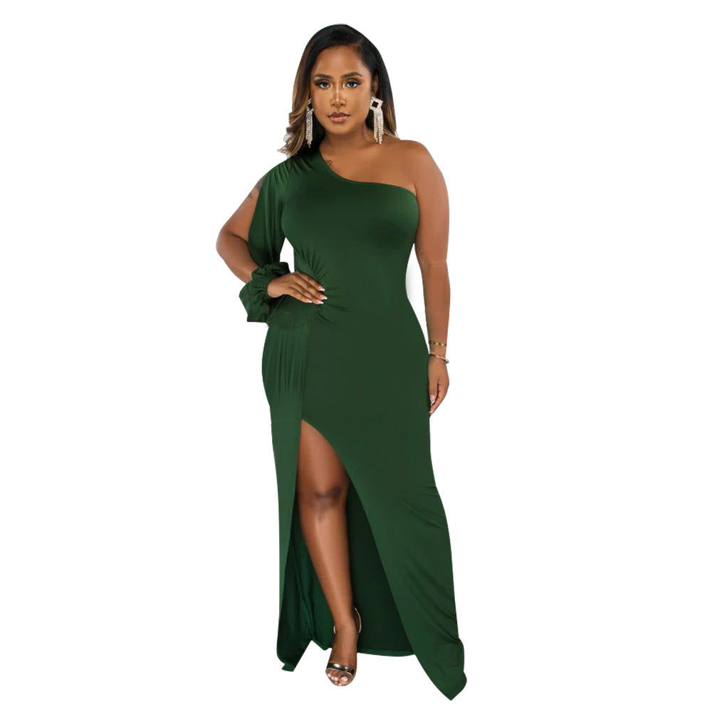 Supply Women Wear One Shoulder Lantern Sleeve Slim Fit Sexy Slit Dress