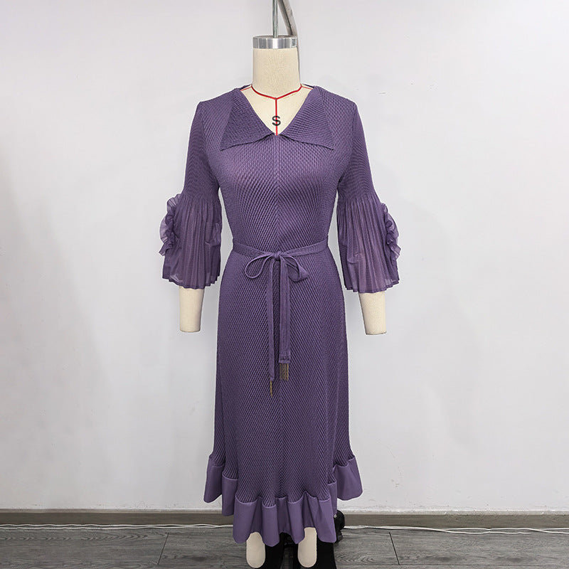 WomenClothing Autumn Slim Fit Fishtail Ruffle Sleeve Waist Tight Slimming Lace up Elegant Dress