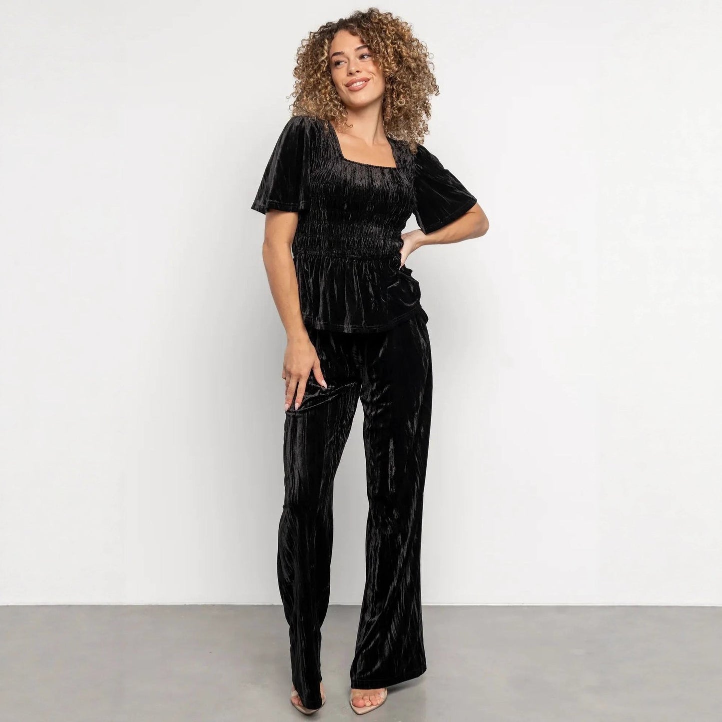 Velvet Women Solid Color Pleated Slim Casual Short Sleeved T shirt Pants Wide Leg Two Piece Set