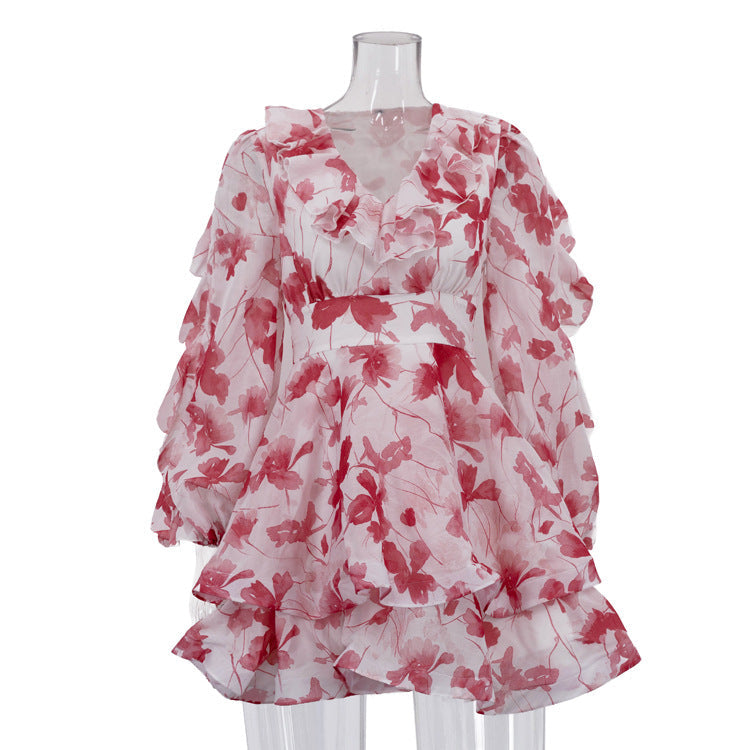 Ruffled Printed French Dress Women V neck Long Sleeve Waist A line Dress