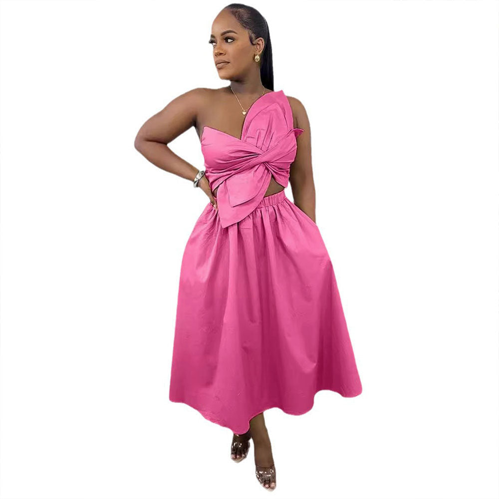 Sexy Solid Color Smocking One Shoulder Petal Hollow Out Cutout out Dress