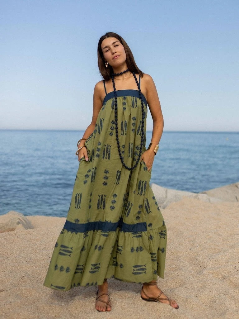 Dress Color Matching Print Holiday Large Swing Strap Dress for Women