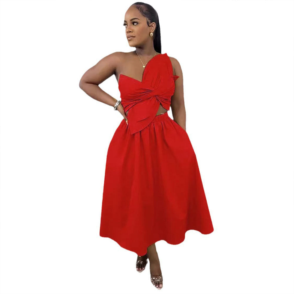 Sexy Solid Color Smocking One Shoulder Petal Hollow Out Cutout out Dress