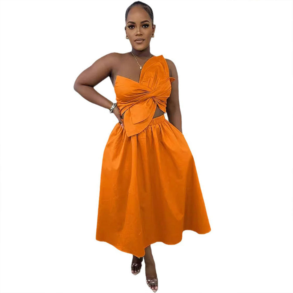 Sexy Solid Color Smocking One Shoulder Petal Hollow Out Cutout out Dress
