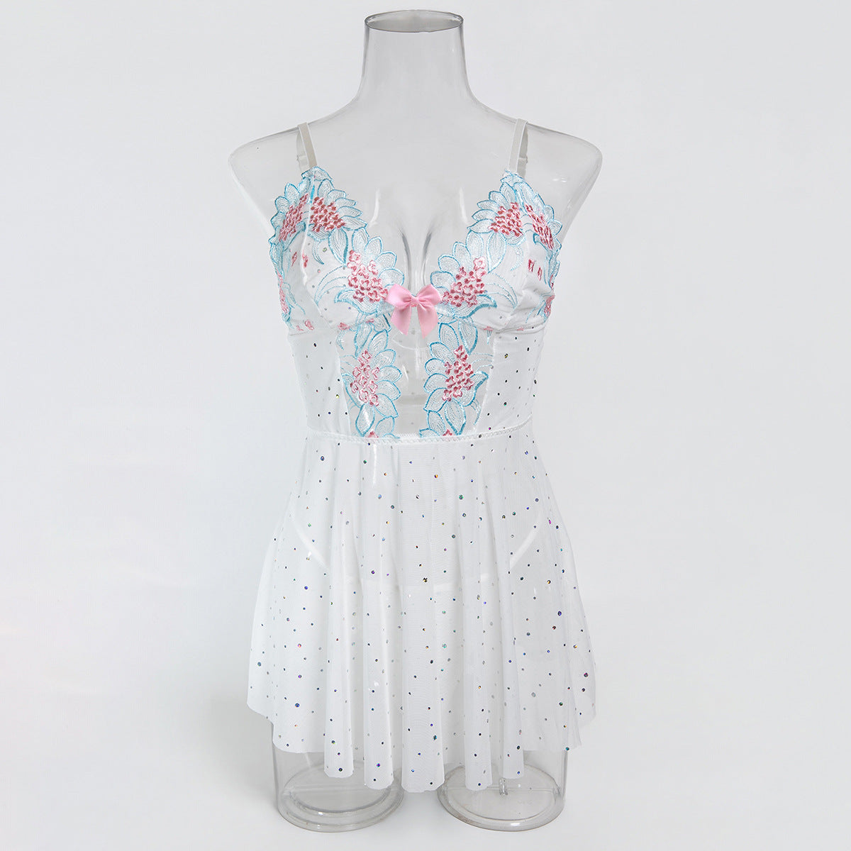 Sexy Underwear Sling Light Blue Embroidery Stitching Shiny Dot Mesh See through Sexy Night Skirt Set Women