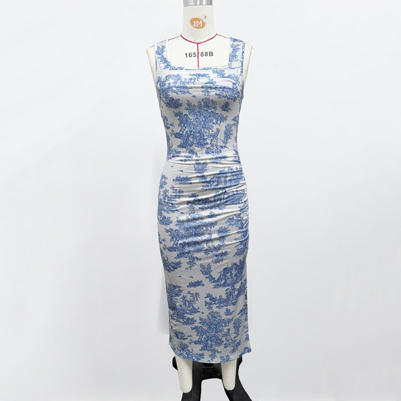 Summer Fresh Maxi Dress Square Collar Slimming Side Slit Sling Dress