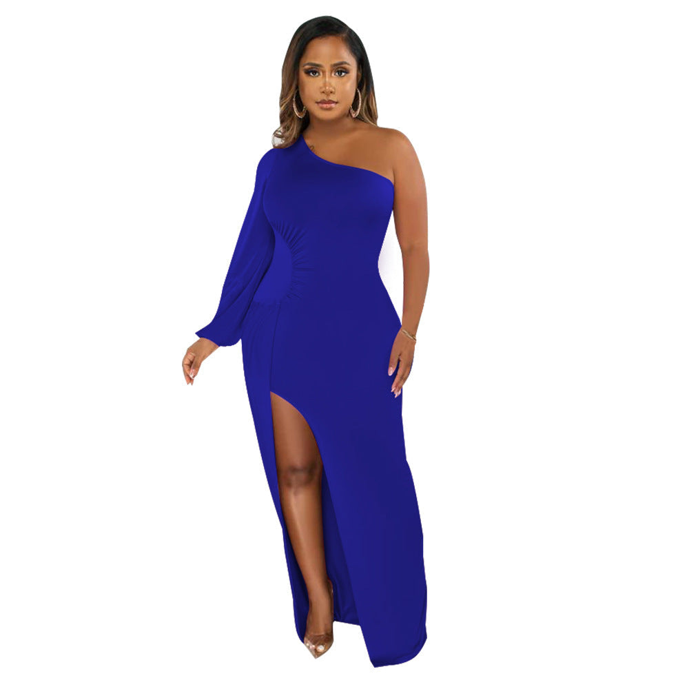 Supply Women Wear One Shoulder Lantern Sleeve Slim Fit Sexy Slit Dress
