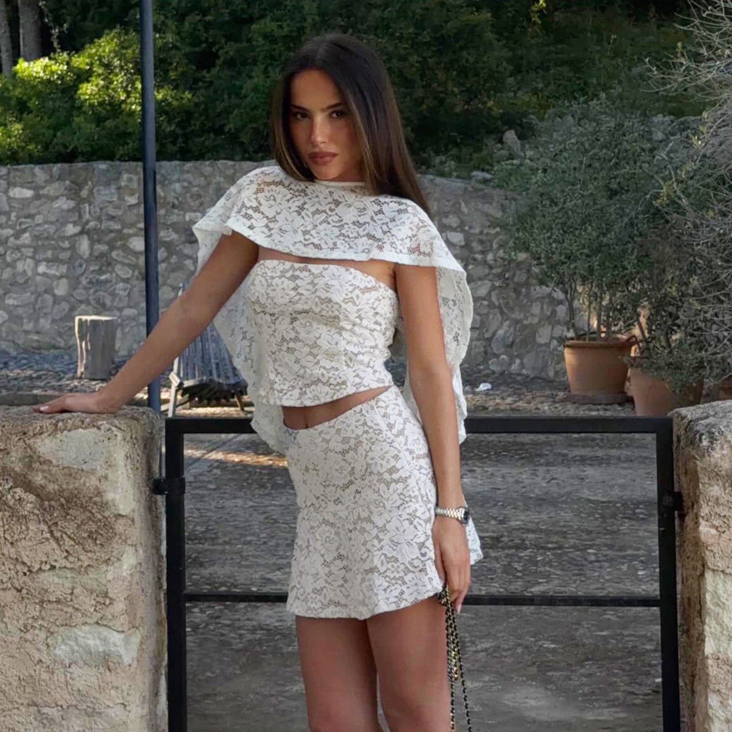 French Elegance Lace Three Piece Set Sexy Vacation Tube Top Short Skirt Blouse for Women