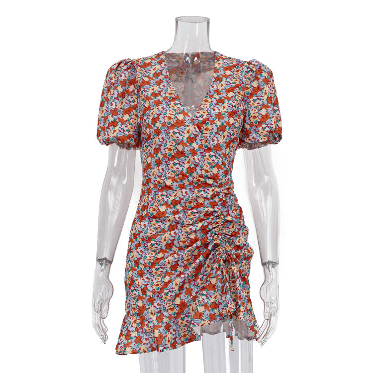 Women Clothing Sexy Printed Dress Summer V neck Puff Sleeve Design Pleated Hip Dress