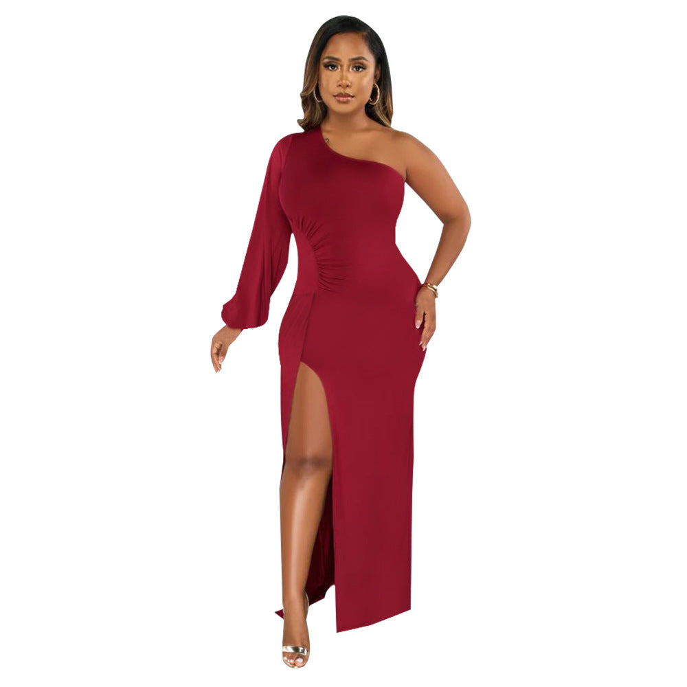 Supply Women Wear One Shoulder Lantern Sleeve Slim Fit Sexy Slit Dress