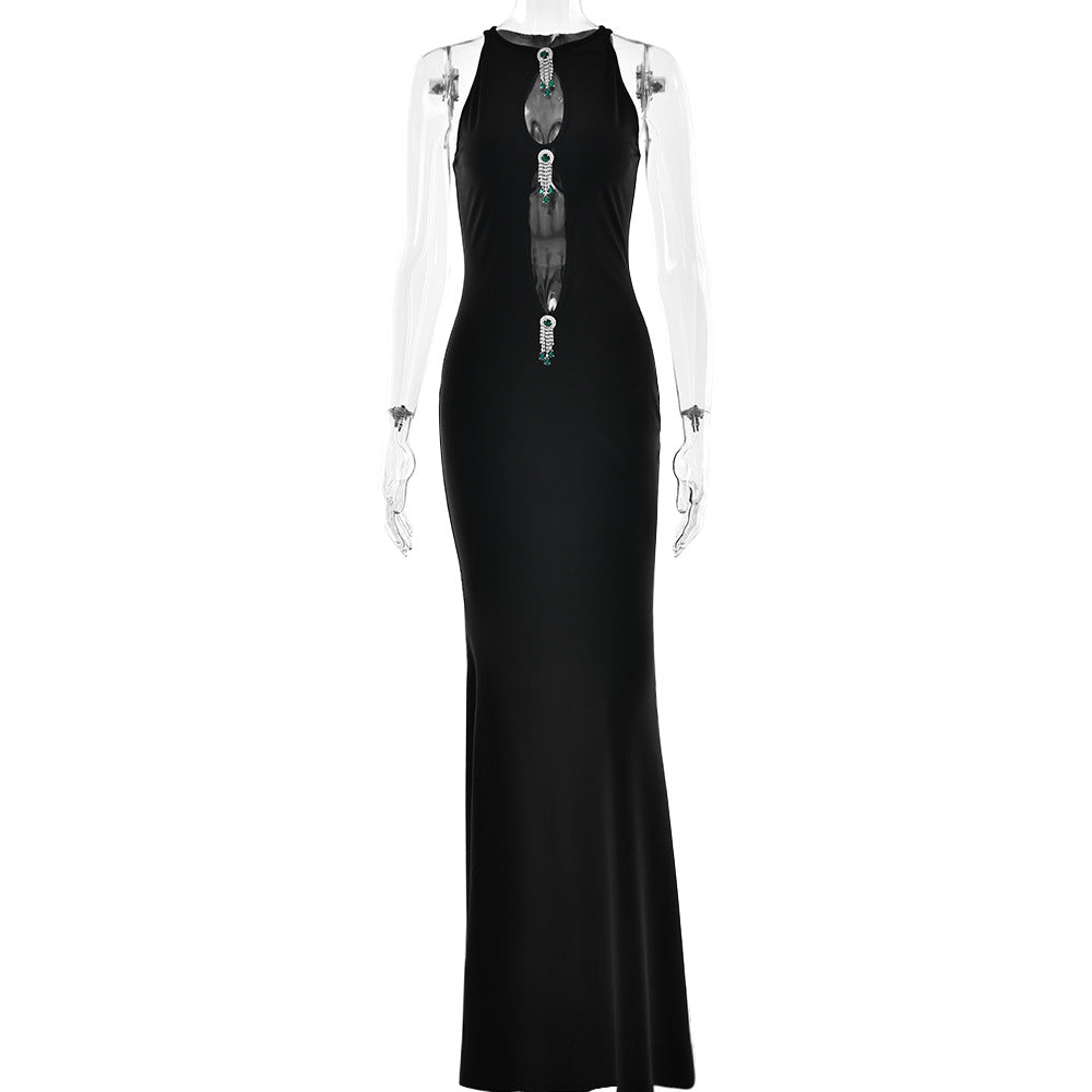 Elegant Hollow Out Cutout out Ladies Dress Sexy Sleeveless Metal Hardware Embellished Slim Fit Fishtail