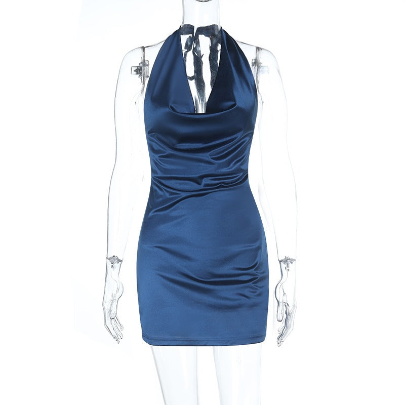 Spring Summer Short Sexy Halter Pockets Collar Sexy Sleeveless Sheath Dress