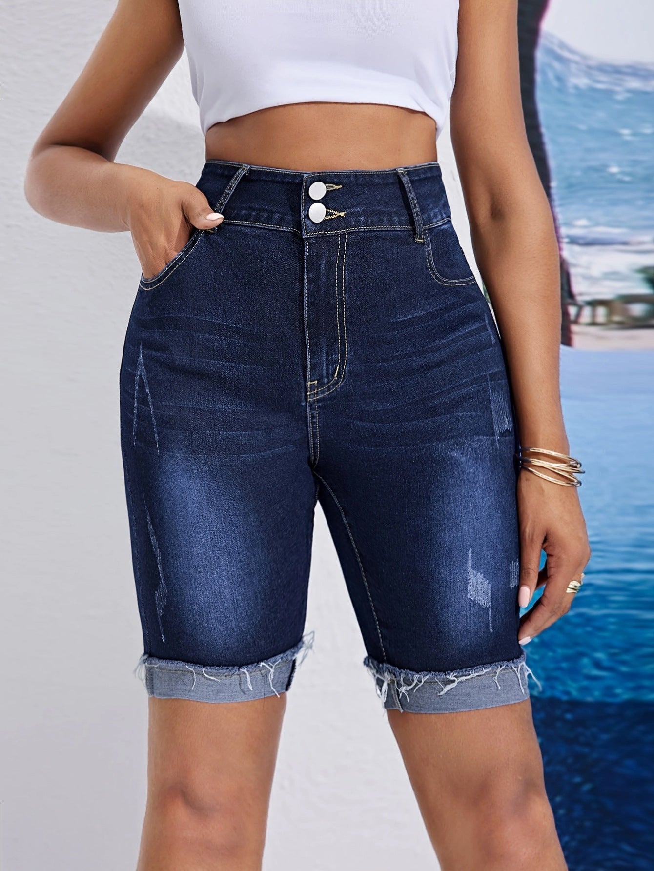 Ladies High Waist Double Buckle Middle Pants Curling Stretch Denim Shorts Cycling Pants