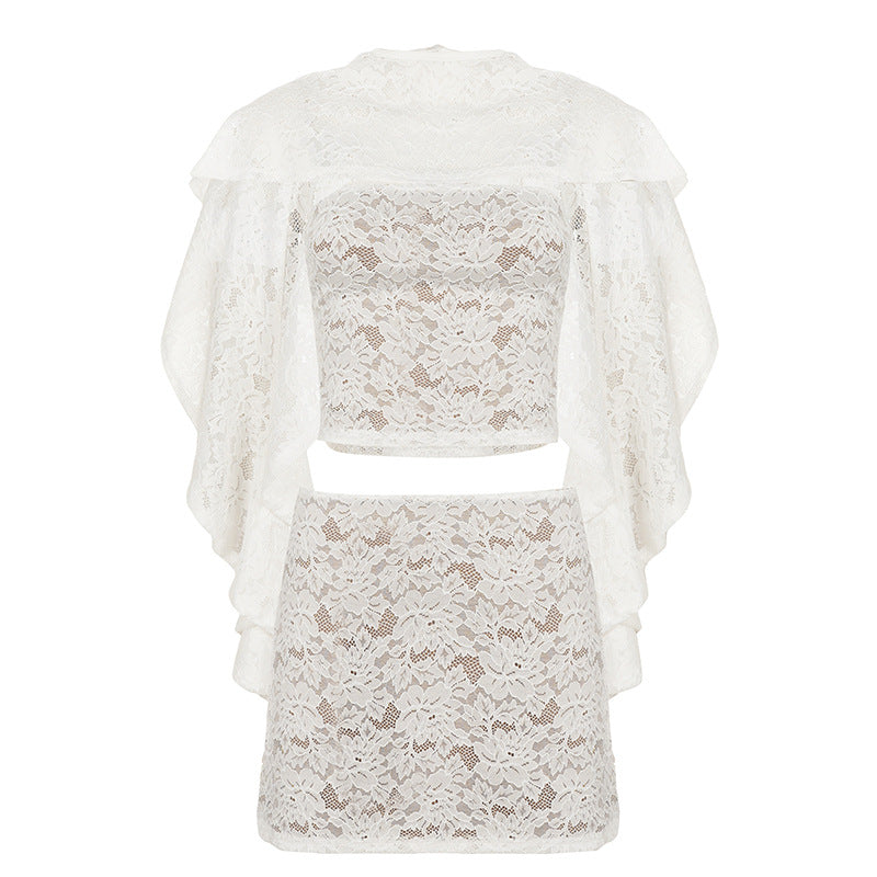 French Elegance Lace Three Piece Set Sexy Vacation Tube Top Short Skirt Blouse for Women