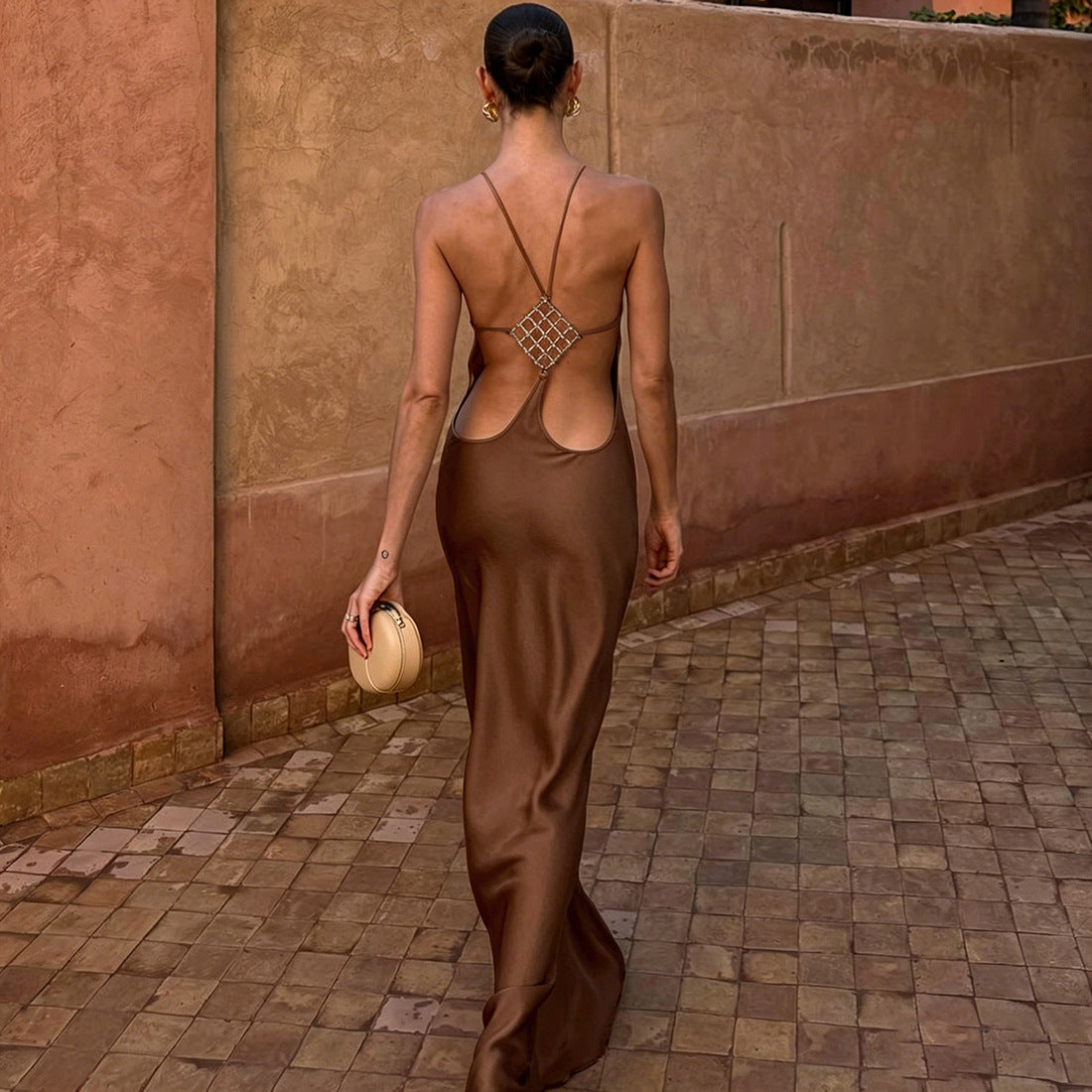 Spring Women Solid Color Irregular Asymmetric Sexy Slim Fit Backless round Neck Sheath Dress for Women