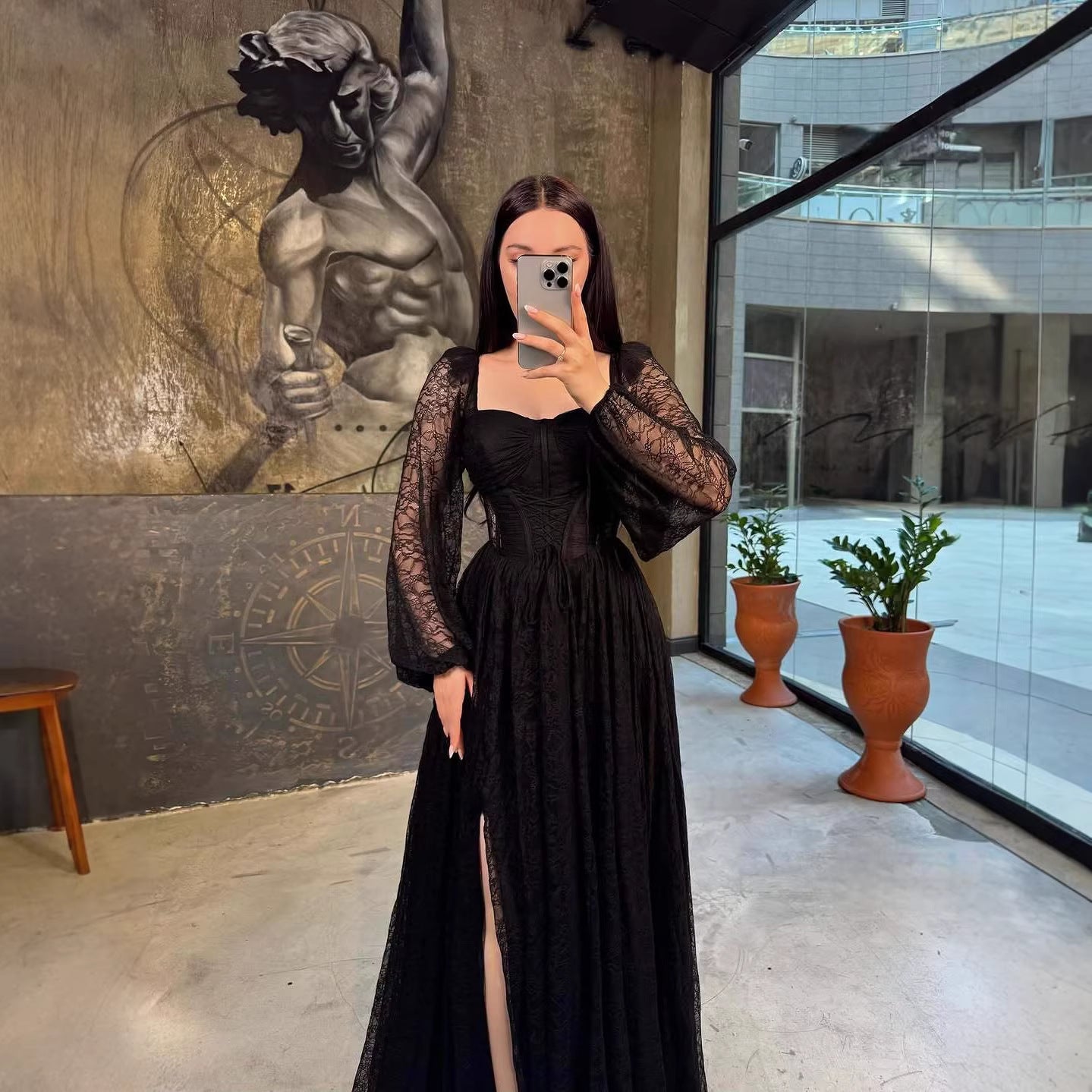 Lace Waist Controlled Long Sleeves Dress Elegant Dress