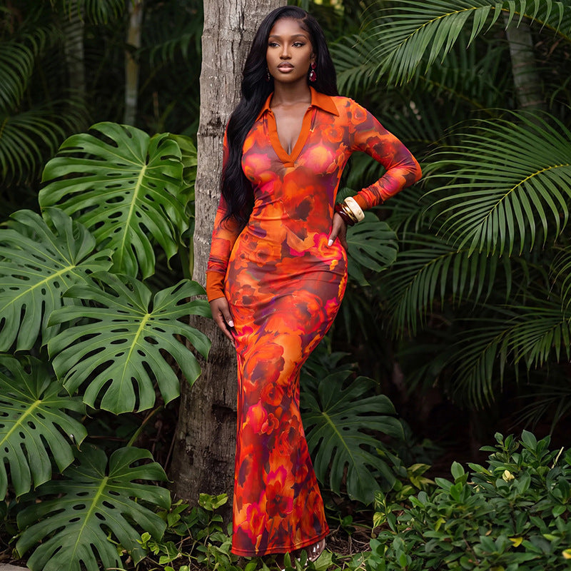 Women Clothing Autumn Sexy Digital Printing Contrast Color Polo Collar Long Sleeve Slim Dress