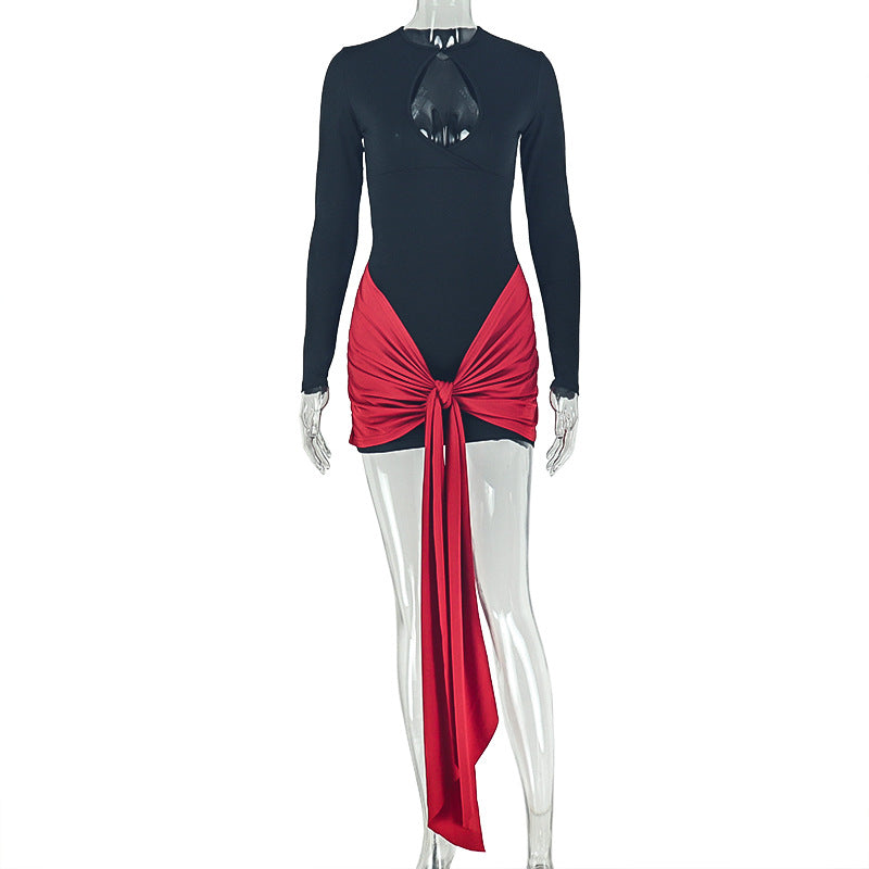 Women Wear Color Matching Black Red Hip Dress round Neck Long Sleeve Hollow Out Cutout Pleated Dress