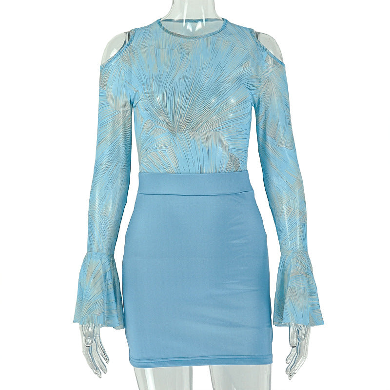 Women Clothing Home Micro Transparent Skinny One Shoulder Hollow Out Cutout round Neck Flared Long Sleeve Short Dress
