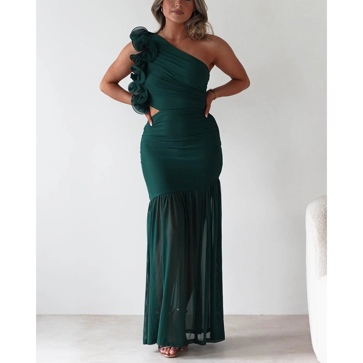 Autumn Winter Hollow Out Cutout out One Shoulder Ruffled Mesh Dress