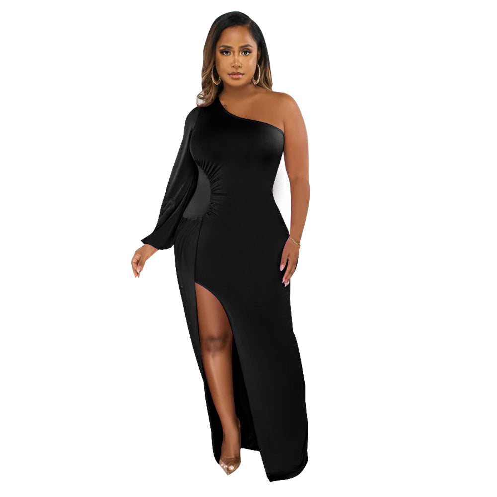 Supply Women Wear One Shoulder Lantern Sleeve Slim Fit Sexy Slit Dress