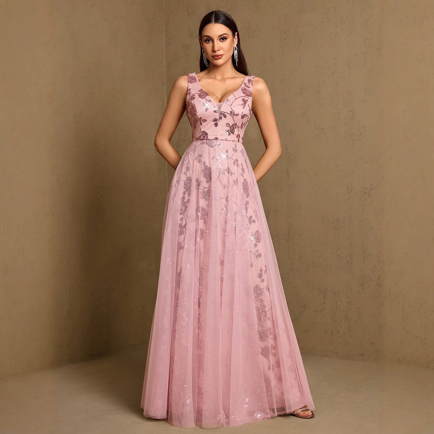 Sexy Deep V Plunge neck Large Swing Evening Dress Elegant Sexy Strap Pattern Sequin Gauze Dress Women