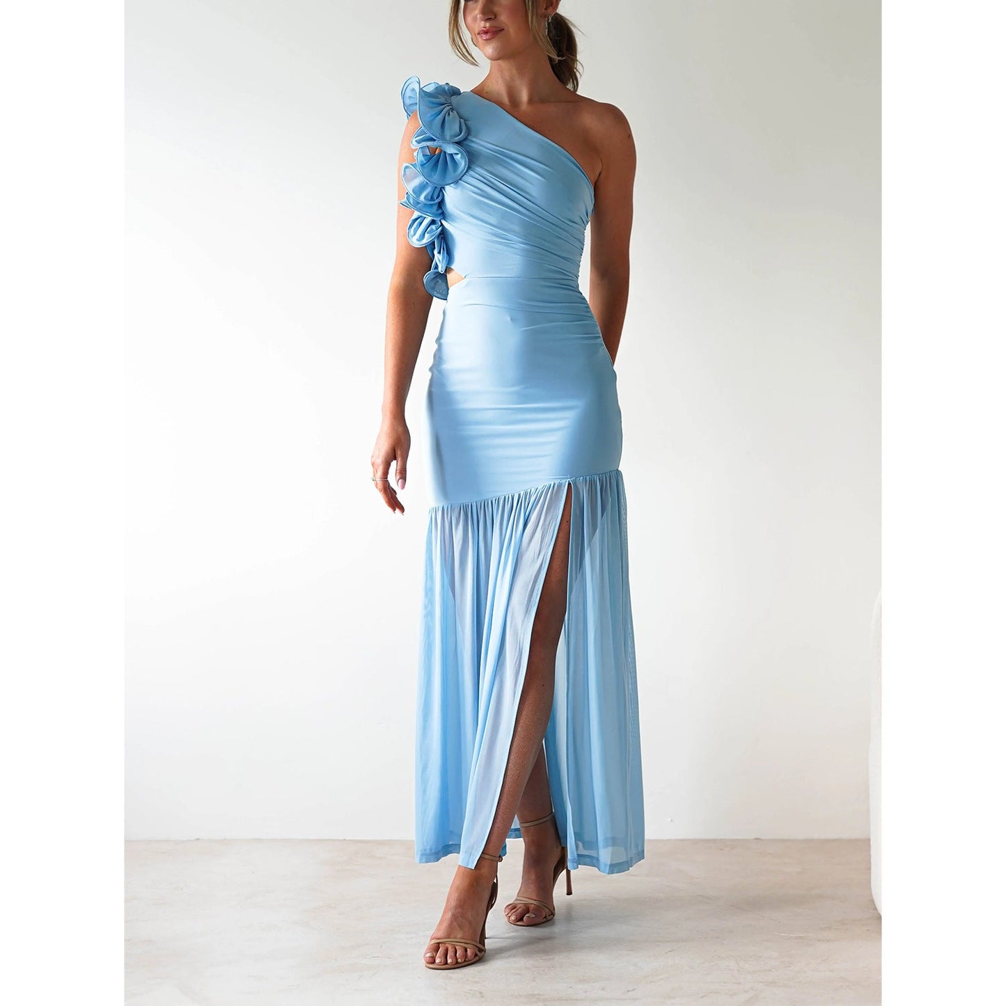 Autumn Winter Hollow Out Cutout out One Shoulder Ruffled Mesh Dress