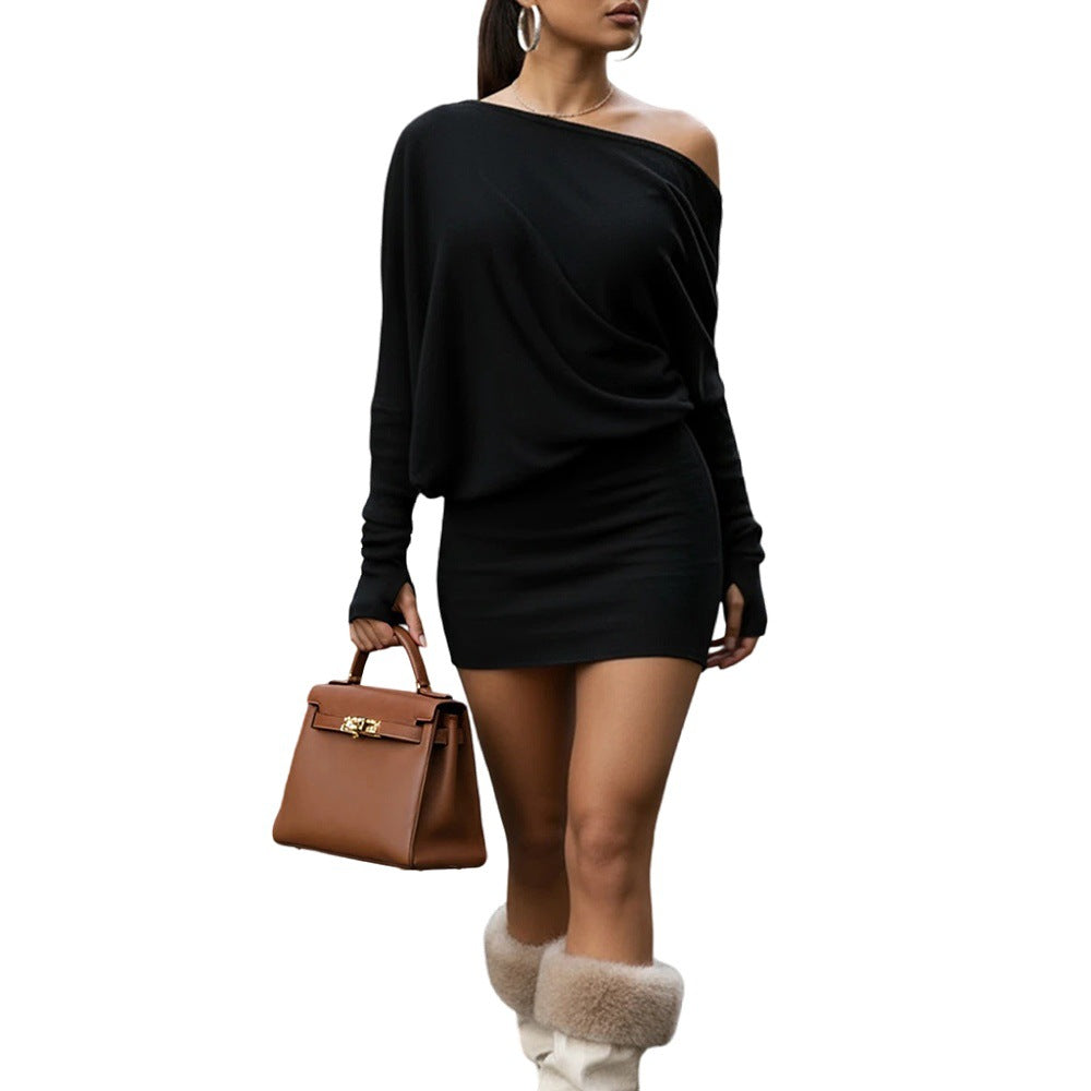 Sexy off Neck off Shoulder Slim Fit Figure Flattering Black Women Commuting Spring Summer Sheath Dress